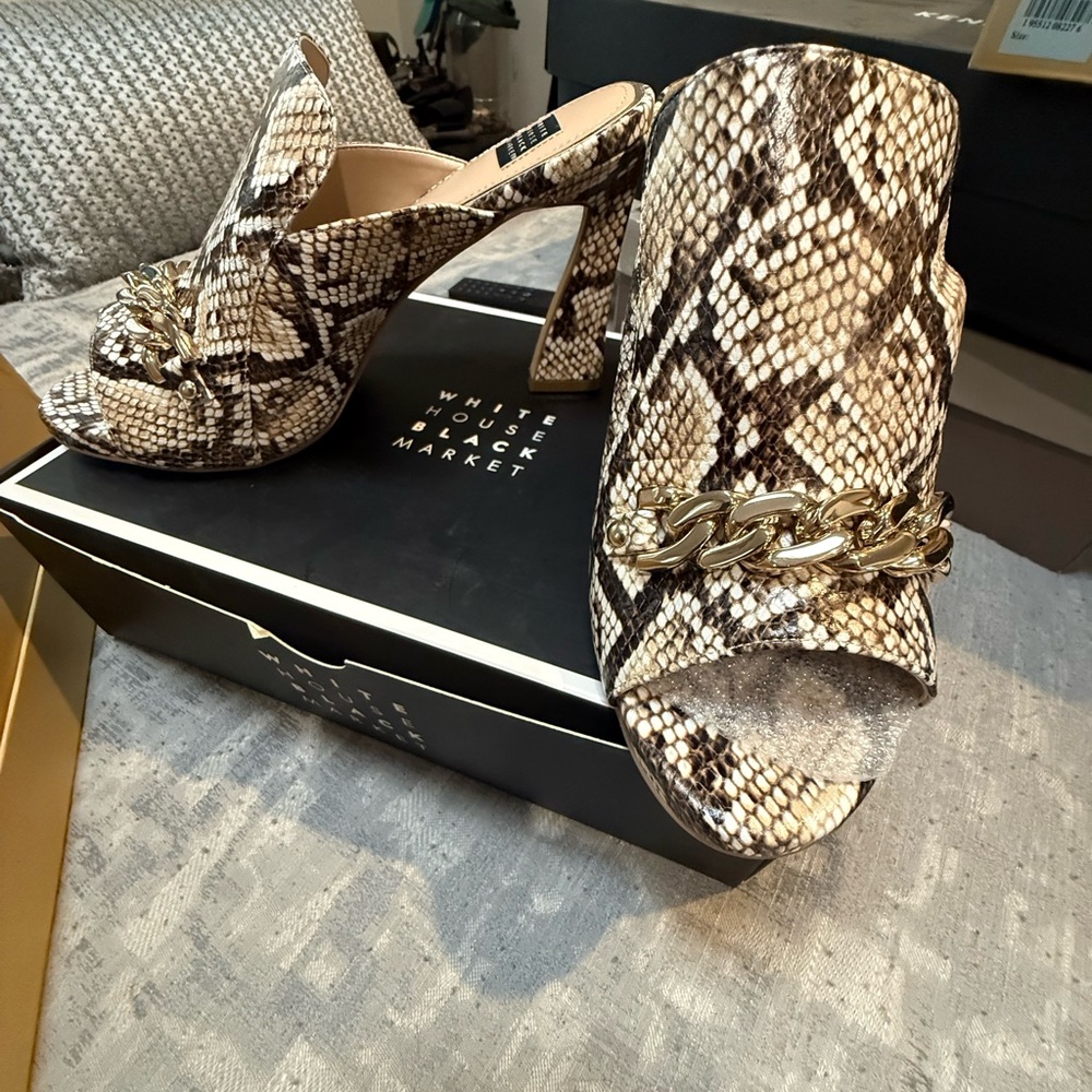 White House Black Market Snake Print Heels with Gold Chain